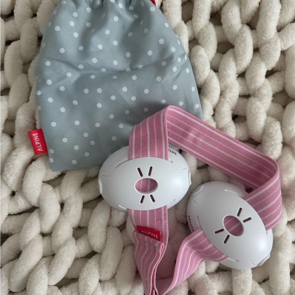 Alpine Pink and White Kids Headphones with Gray Polka Dot Bag